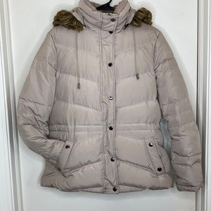 Kenneth Cole Reaction Puffer Jacket Tan/Brown Faux Fur Hood Women’s Large